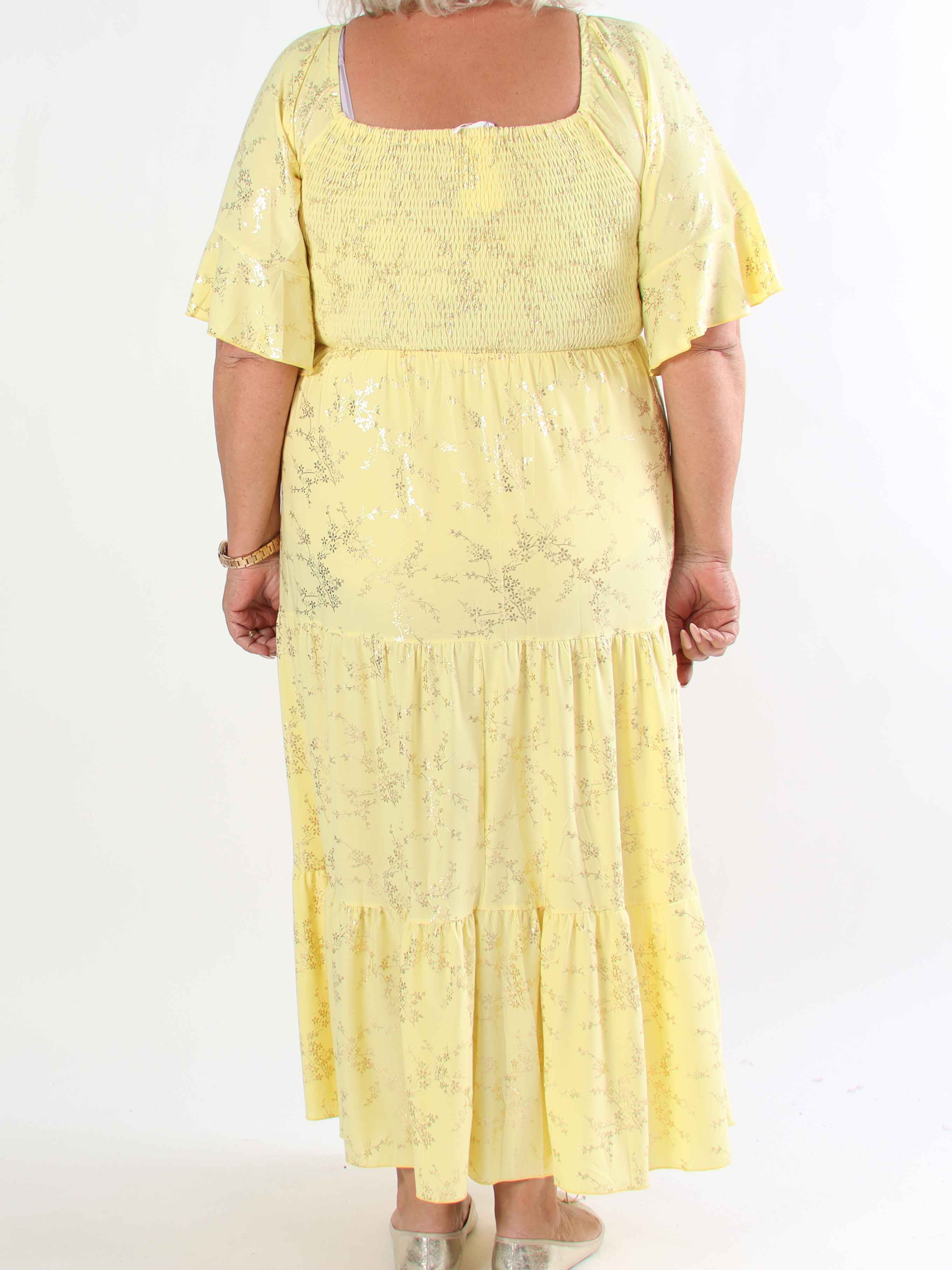 Elna Gold - Ensfarvet plus size kjole med smock og guld print